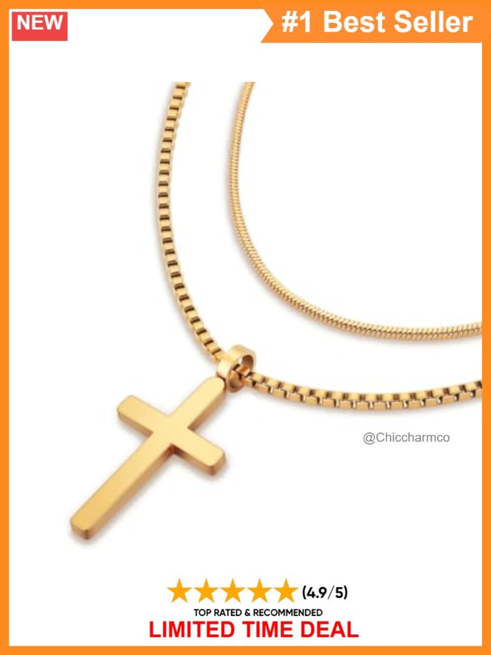 18K Gold Cross Necklace Duo Waterproof Layered Set Unisex